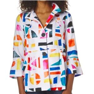 NWOT Ali Miles Bell Sleeve Wired Collar Button Front Geometric Top Large Petite